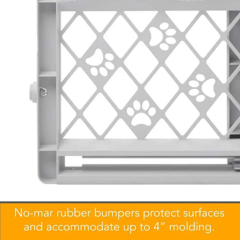 Slick Expandable Portable Pet Gate For Doorways Features No Sweat Pressure Mount Installation, rubber bumpers for surface protection.