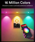 Lumary Smart Gimbal Recessed Lighting 4 Inch, Color Changing 40° Tilt, ETL with multiple colors illuminating a wall and smartphone control.