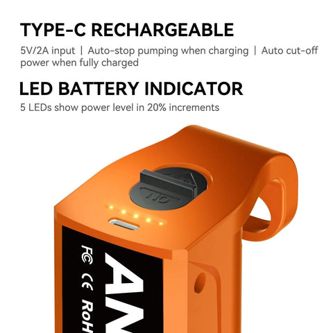 Close-up of Rechargeable Cordless Fuel Transfer Pump 2.7 GPM Model X1 Ultra with Type-C charging port and LED battery indicator
