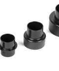 Four black adapters from the 5 Step Modular Dust Hose Reducer And Adapter Set For Four Inch To One And A Quarter Inch Hoses With Fully Customizable Adapters