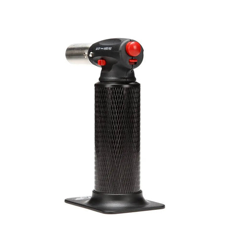 Industrial Grade Butane Torch GT-70 Workhorse Heavy Duty Refillable Torch with Anti-Flare, black rugged metal tank, side view