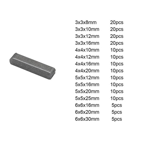 Heavy Duty 175 Piece Stainless Steel Round End Feather Key Set With 15 Sizes For Parallel Drive Shaft Keys And Key Stock Assortment In Fasteners And Mechanical Industry By Tutuxio, showing different dimensions and quantities.