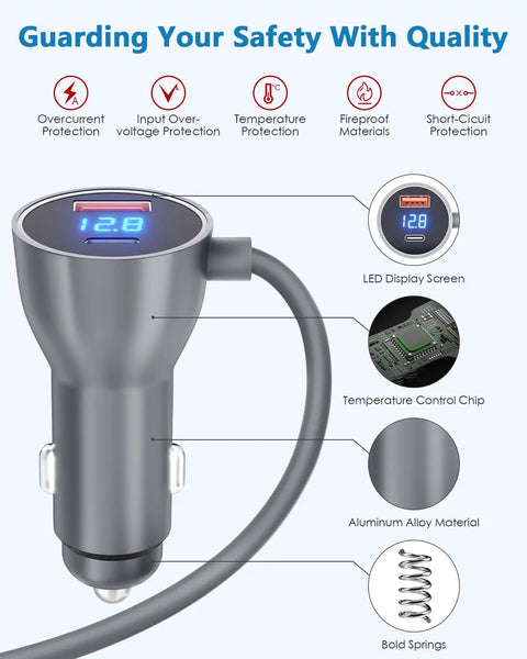 Ride Ready Starlink Mini Car Charger With 10 Feet Cigarette Lighter Cord And Live Voltmeter showing aluminum alloy design and LED display.