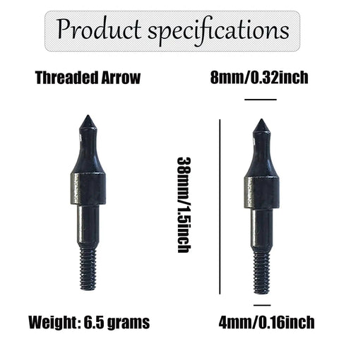 Pack Of 24 100 Grain Screw In Archery Field Points with 8mm OD and 38mm length showing specifications for practice arrows