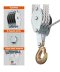 Heavy Duty 270 Degree Rotatable Zinc Alloy Handheld Rope Pulley Block Hoist With Durable Polyethylene Cable For Lifting And DIY Projects showing 4 pulleys and hook.