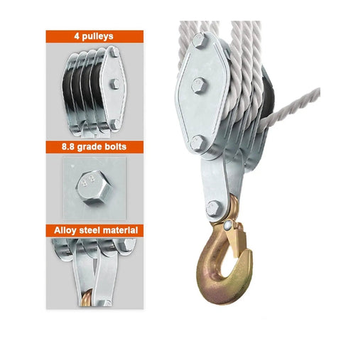Heavy Duty 270 Degree Rotatable Zinc Alloy Handheld Rope Pulley Block Hoist With Durable Polyethylene Cable For Lifting And DIY Projects showing 4 pulleys and hook.