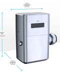 Top Shelf Water Powered Touchless Toilet Flush Valve With Sleek Polished Chrome Hardware, dimensions and design angle view.