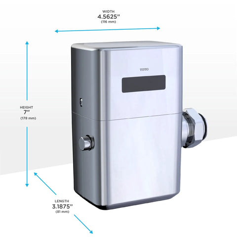 Top Shelf Water Powered Touchless Toilet Flush Valve With Sleek Polished Chrome Hardware, dimensions and design angle view.
