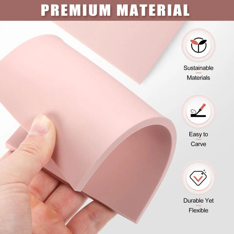 Curved view of pink block from All In One Linocut Printmaking Kit With 5 Soft 4x6 Blocks Carving Knife Brayer And 20 Transfer Papers