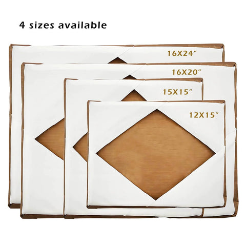 Four sizes of heat press covers including Two Pack 16x24 Heat Press Covers for Top and Bottom Platens, displayed side by side.