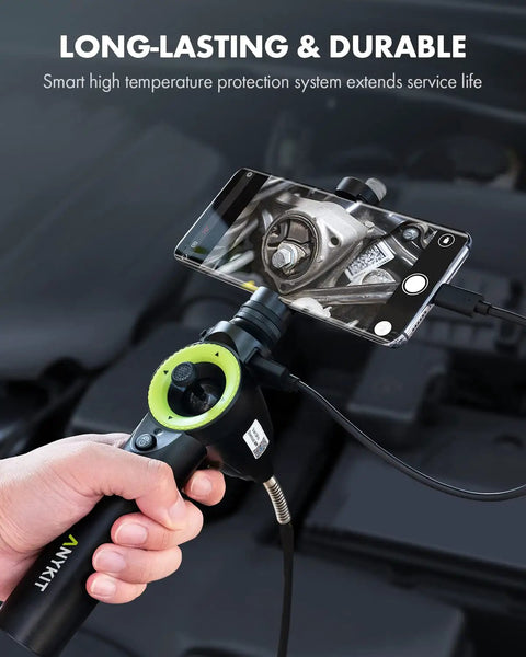 Hand using 360 Degree Four Way Articulating Borescope With Tiny 0.26 Inch Probe Pro Grade Endoscope on engine