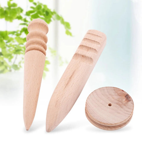 Multi Size Wood Leather Edge Burnisher And Slicker Set featuring three unfinished wood tools for leathercraft refinement.