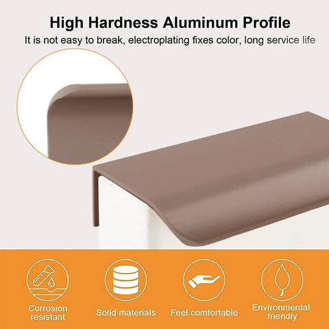 High hardness brown curved aluminum handle edge; part of Finger Edge Pulls Self-Adhesive 8 Pack Concealed Cabinet Drawer Handles.