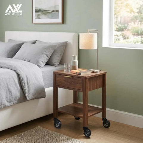 Heavy Duty 3 Inch M6 Metric Threaded Stem Casters Set Of 4 used on a wooden nightstand beside a bed for easy movement.