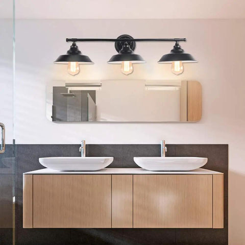 Three Light Bathroom Vanity Light With Industrial Vintage Farmhouse Rustic Style Black Matte Finish Wall Sconce Fixture For Bathrooms And Powder Rooms That Slaps over double sink bathroom vanity.