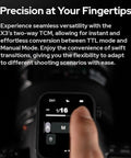 Person using OLED touchscreen on X3 C TTL Wireless Flash Trigger For Canon Cameras With 2 4G Connectivity Built In Battery.