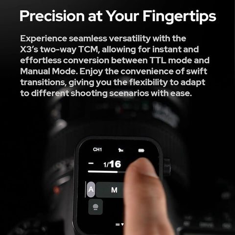 Person using OLED touchscreen on X3 C TTL Wireless Flash Trigger For Canon Cameras With 2 4G Connectivity Built In Battery.