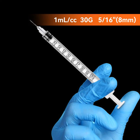 Bulk 30 Pack U100 Syringes 30 Gauge Five Sixteenth Inch 8 Millimeter 1 mL Disposable, Individually Wrapped, Pro Grade Performance, Smooth Leak-Proof Plunger, Clear Barrel, Medical Grade Single-Use Syringes. Clear 1 mL U-100 syringe held in gloved hand