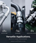 Heavy Duty Hydraulic Hose Crimper 110V Machine With Eight Interchangeable Dies Spanning Ten To Thirty Four Millimeters showcasing auto AC lines and excavator fittings.