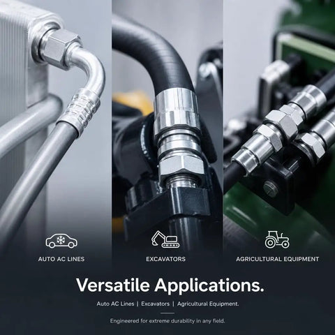 Heavy Duty Hydraulic Hose Crimper 110V Machine With Eight Interchangeable Dies Spanning Ten To Thirty Four Millimeters showcasing auto AC lines and excavator fittings.