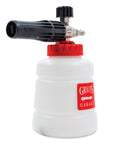Boss Foam Cannon For Car Washing And Detailing Auto Mix Pressure Washer Foam Gun Delivers Maximum Foam Coverage Quickly With No Pre Mix Ideal For Cars Trucks And RVs, showing white and red foam gun with nozzle and 33.8 oz jar