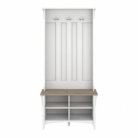 Front view of Salinas Hall Tree with Shoe Storage Bench in Shiplap Gray and Pure White with hooks and cubby shelves.