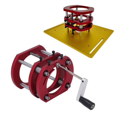 Badass 4 Jaw Router Lift Base Featuring Rust Resistant Aluminum Alloy Body And Stainless Steel Support Rods Knockout Precision Lifting Mechanism, red and yellow design.