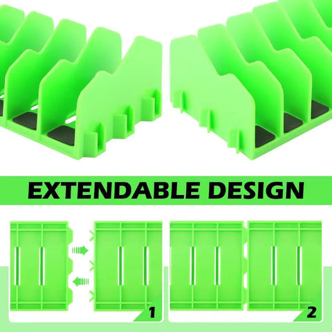 Pliers Organizer Rack With 10 Slots For Pliers And Cutters Non Slip Rubber Base Keeps Your Tools Neat Versatile Tool Storage For Drawer Use Extending Pliers Holder Fits 3 Inch And Above Drawers Green showing extendable design.