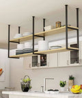 Industrial Iron Ceiling Mounted Bar Rack With Two Tier Wine Shelf And Overhead Space Saving Storage in kitchen setting