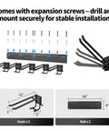 Diagram of Extra Wide Tool Rack Wall Mount For Garage And Shed with components, showing 5 hooks and 2 rails, installation instructions.