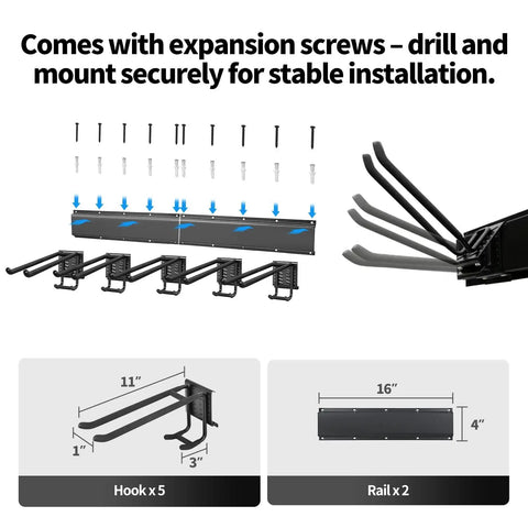 Diagram of Extra Wide Tool Rack Wall Mount For Garage And Shed with components, showing 5 hooks and 2 rails, installation instructions.