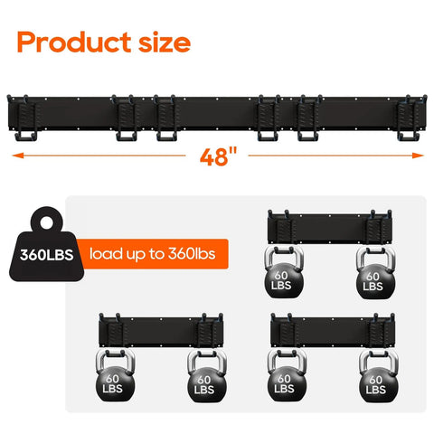 Wall Mount Garage Storage And Garden Tool Organizer With 350 Pound Capacity Adjustable Steel Rails And 6 Rubber Coated Hangers Rustproof Carbon Steel Rack showing 48-inch size and 360 lb capacity
