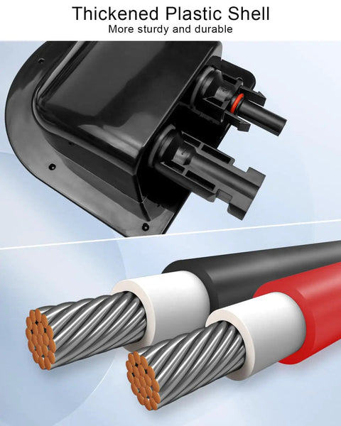 Weatherproof Solar Cable Entry Gland And Junction Box with 10ft 10AWG extension, showing thickened plastic shell and connectors.