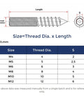 Technical diagram of 304 Stainless Double End Self Tapping Hanger Bolts for Woodworking M4 to M12, showing dimensions and sizes.