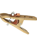 Premium 500 Amp Brass Welding Ground Clamp With A-Shape Grip, showing durable metallic jaws and copper connection.