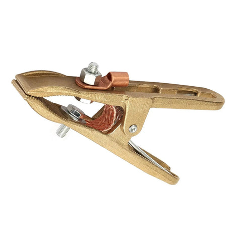 Premium 500 Amp Brass Welding Ground Clamp With A-Shape Grip, showing durable metallic jaws and copper connection.