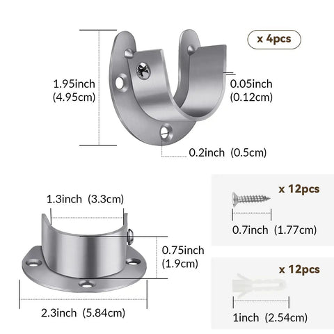 Set Of 4 Heavy Duty Stainless Steel Wardrobe Brackets U Shaped Rod Sockets Flange 1-1/4 Inch Diameter End Supports For Closet Rods With Screws And Mounting Hardware, size detail