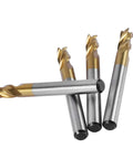Group view of 4 titanium-coated carbide end mills, 4-flute, straight shank, 1/4 in diameter