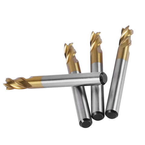 Group view of 4 titanium-coated carbide end mills, 4-flute, straight shank, 1/4 in diameter