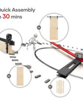 Illustration showing quick assembly of 32x80 Inch Sliding Barn Door Slab With 5.5 Foot Hardware Kit Spruce Solid Wood Construction.