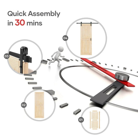 Illustration showing quick assembly of 32x80 Inch Sliding Barn Door Slab With 5.5 Foot Hardware Kit Spruce Solid Wood Construction.