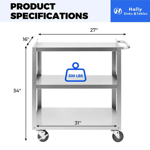 Heavy Duty Stainless Steel Utility Cart Three Tier With Wheels And Handle, NSF Commercial Mobile Rolling Cart, 31x19x34 Inches