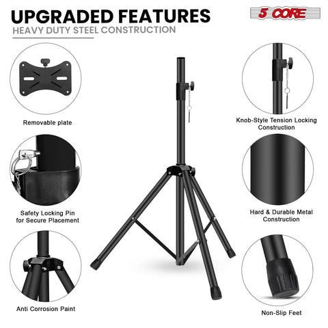 Heavy Duty Adjustable Speaker Stands Pair, 54 Inch Tripod Bases With 132 Lbs Capacity, steel construction features