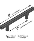 Diagram showing 2 Pack Round Bar Cabinet Pulls Matte Black Finish Euro Style T Bar Handles with dimensions and stainless steel construction.