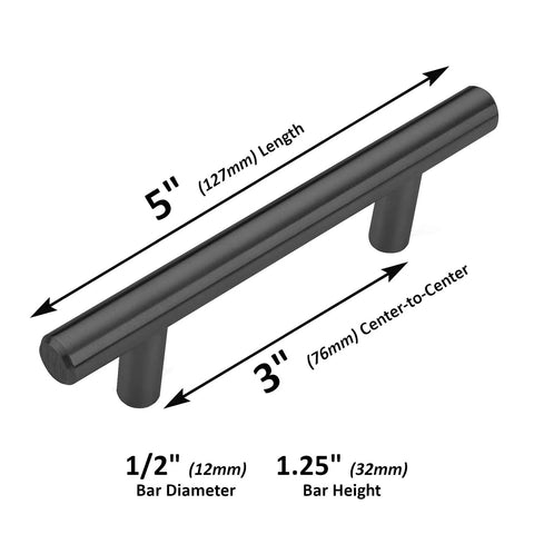 Diagram showing 2 Pack Round Bar Cabinet Pulls Matte Black Finish Euro Style T Bar Handles with dimensions and stainless steel construction.