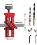 Go-To 2-In-1 Cabinet Door Installation Jig With Adjustable Positioner, shown in red, with 3 drill bits and components.