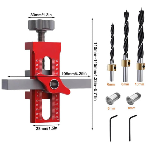 Go-To 2-In-1 Cabinet Door Installation Jig With Adjustable Positioner, shown in red, with 3 drill bits and components.