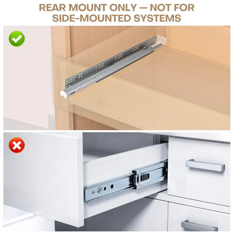 Heavy Duty Undermount Drawer Slide Rear Mounting Brackets Plastic Back Plate Replacement For Face Frame Kitchen Cabinets showing correct and incorrect installation.