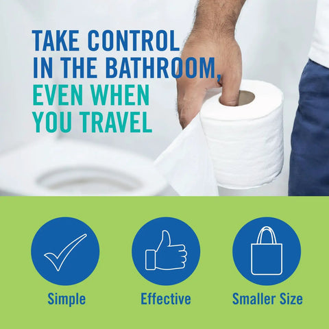 Man holding toilet paper near toilet, promoting Portable Travel Toilet Aid With 17 Inch Reach And Easy Attach Detach 2 Piece System