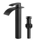 Matte Black Waterfall Bathroom Vessel Sink Faucet With Pop Up Drain Lead Free cUPC Hose Single Handle Tall 11 Inch 1 Hole Faucet